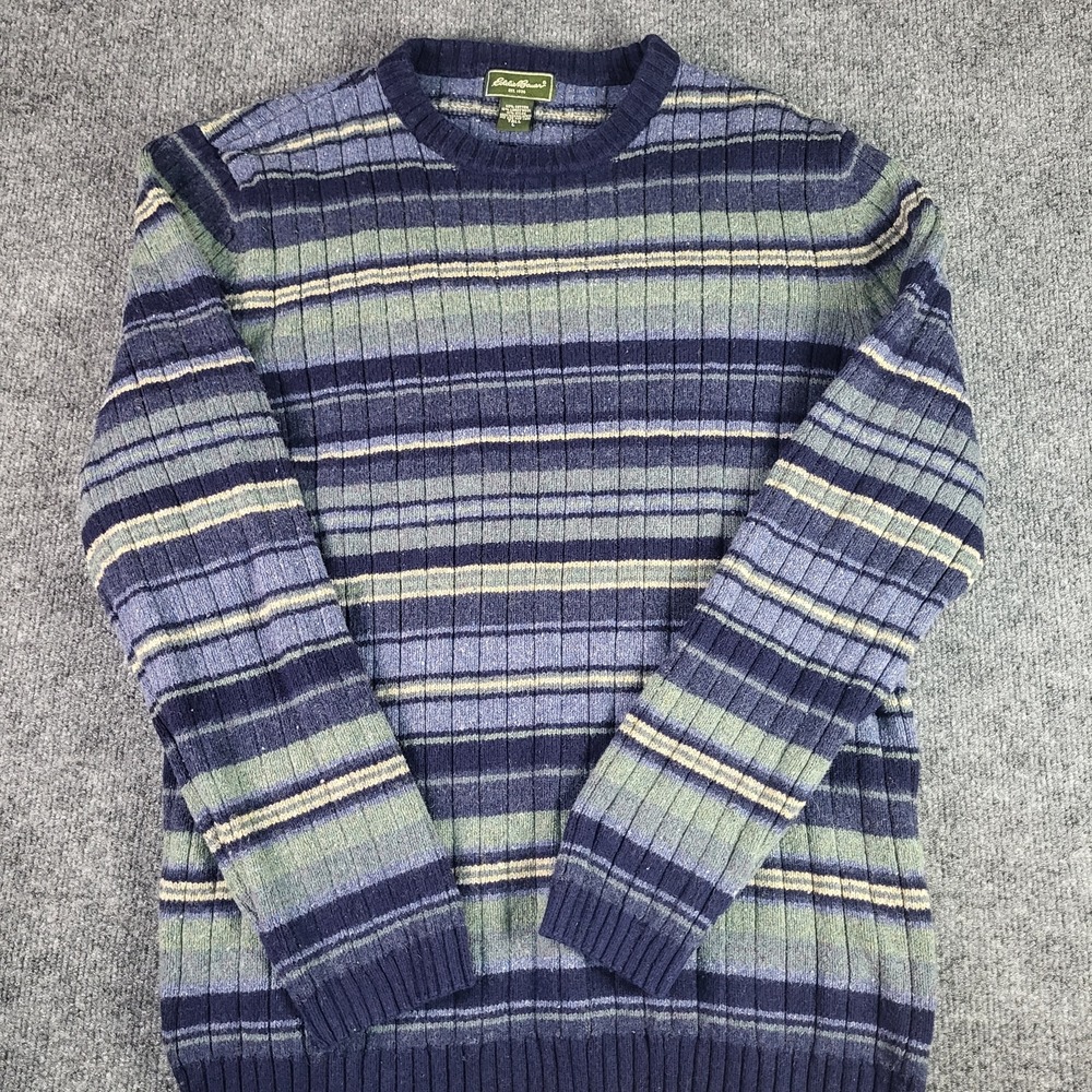 Eddie Bauer Mens Large Tall LT Striped Knit Sweater Blue Green Cotton Wool Blend